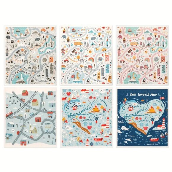NEW Set of 6 Swedish Dishcloths - Road and Maps - Reusable, Biodegradable - Picture 1 of 9